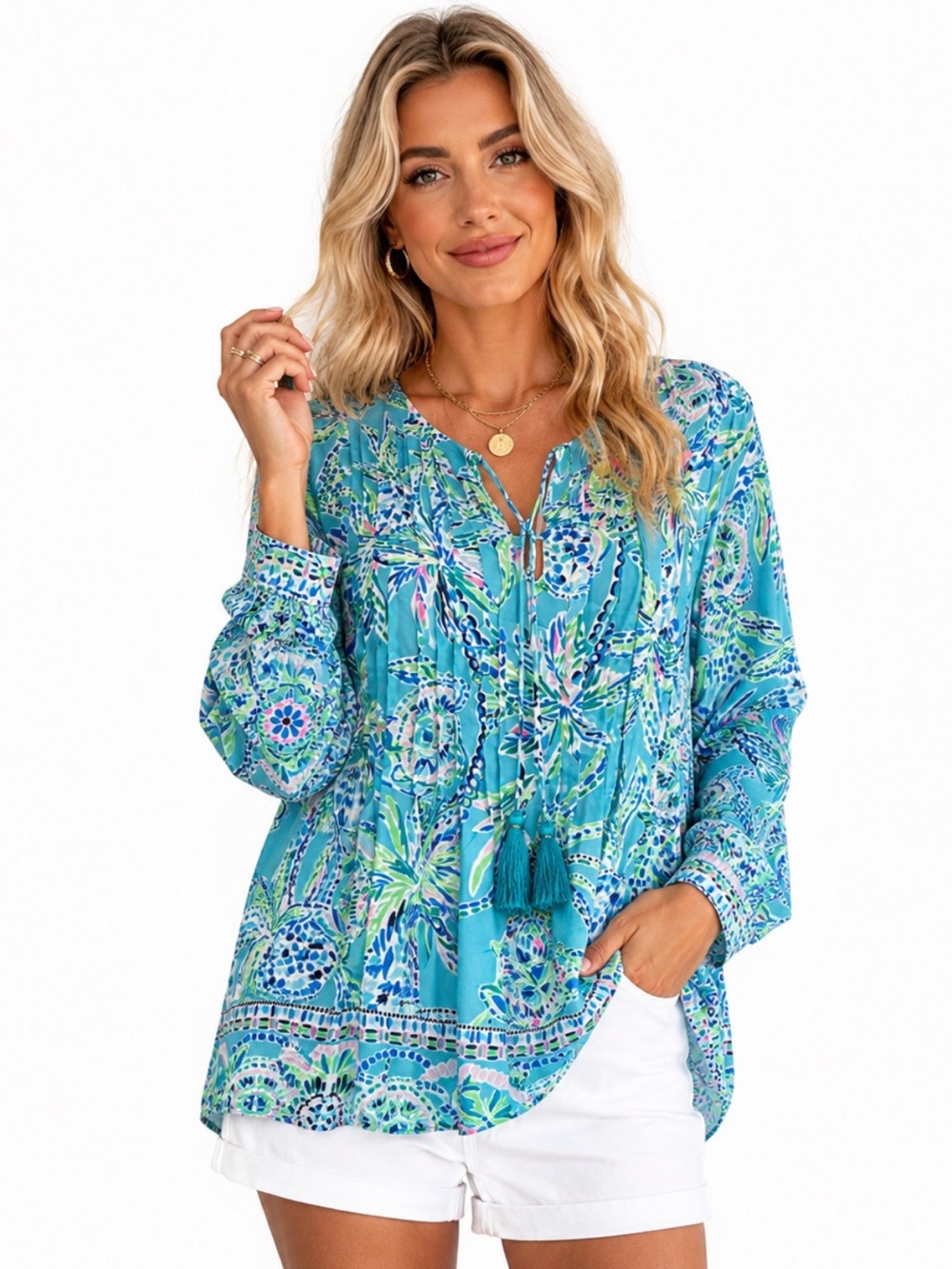 Lilly Pulitzer Marilina Aqua Blue Paisley Pintuck Tassel Tunic Blouse Size L